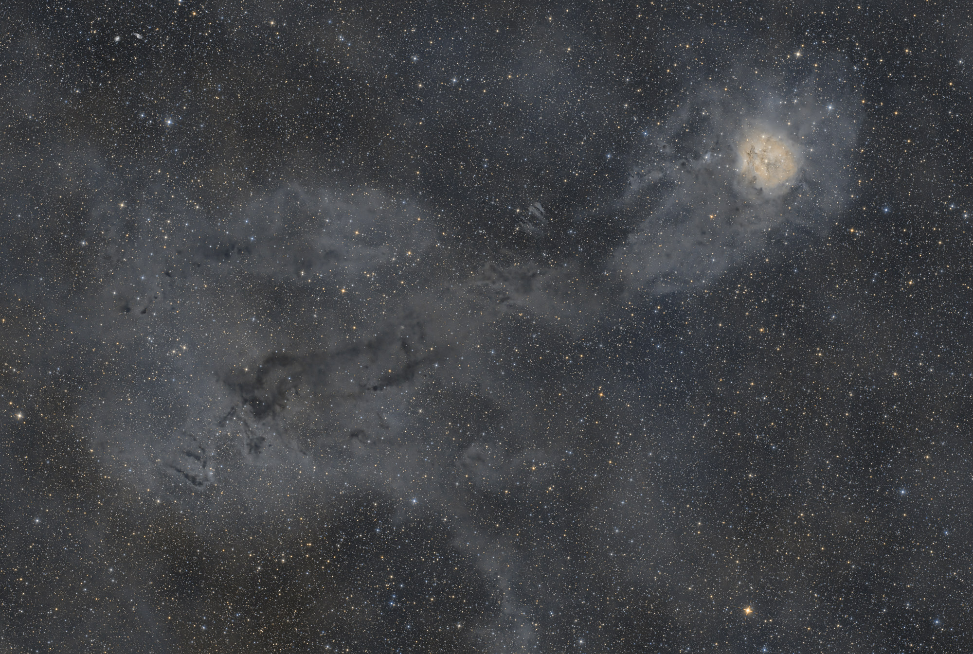 Der Kokon-Nebel IC 5146 rechts oben ist ein Sternentstehungsgebiet mit dem eingebetteten offenen Sternhaufen Collinder 470 im Sternbild Schwan. IC 5146 befindet sich am Ende der länglichen Dunkelwolke Barnard 168 und ist mit dieser zusammen Teil einer ausgedehnten Staubwolke.